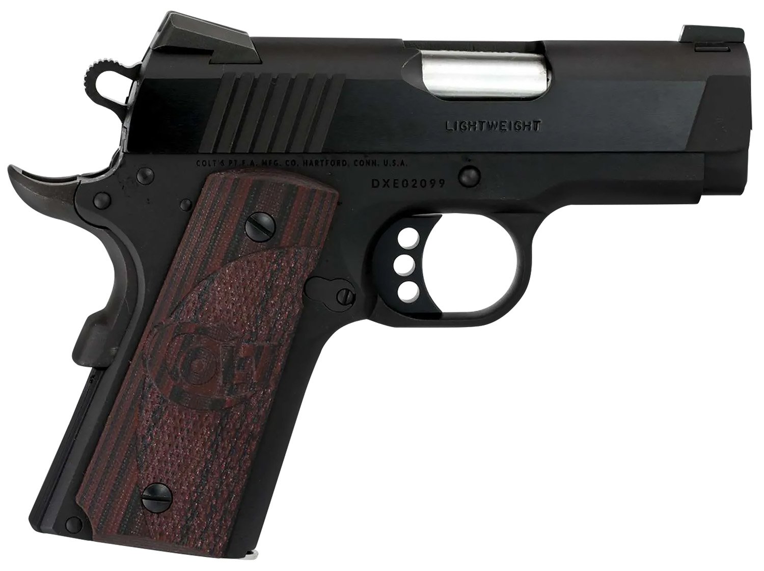 Colt Defender Compact 45 ACP 7+1 3" Barrel, Blued Slide, Matte Black Frame w/Beavertail, Black Cherry G10 Grips