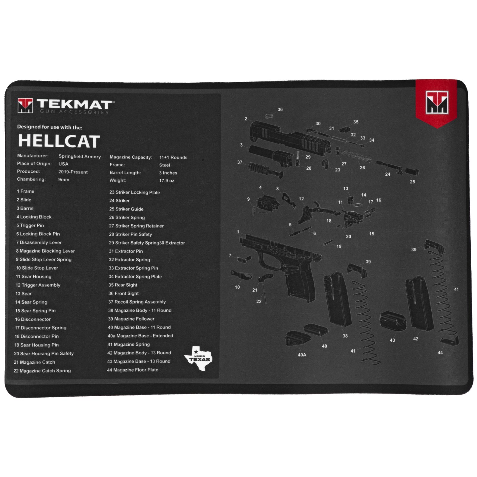 TekMat TEKR17HELLCAT Springfield Armory Hellcat Cleaning Mat Gray/White Rubber 11"x17" Springfield Hellcat Parts Diagram