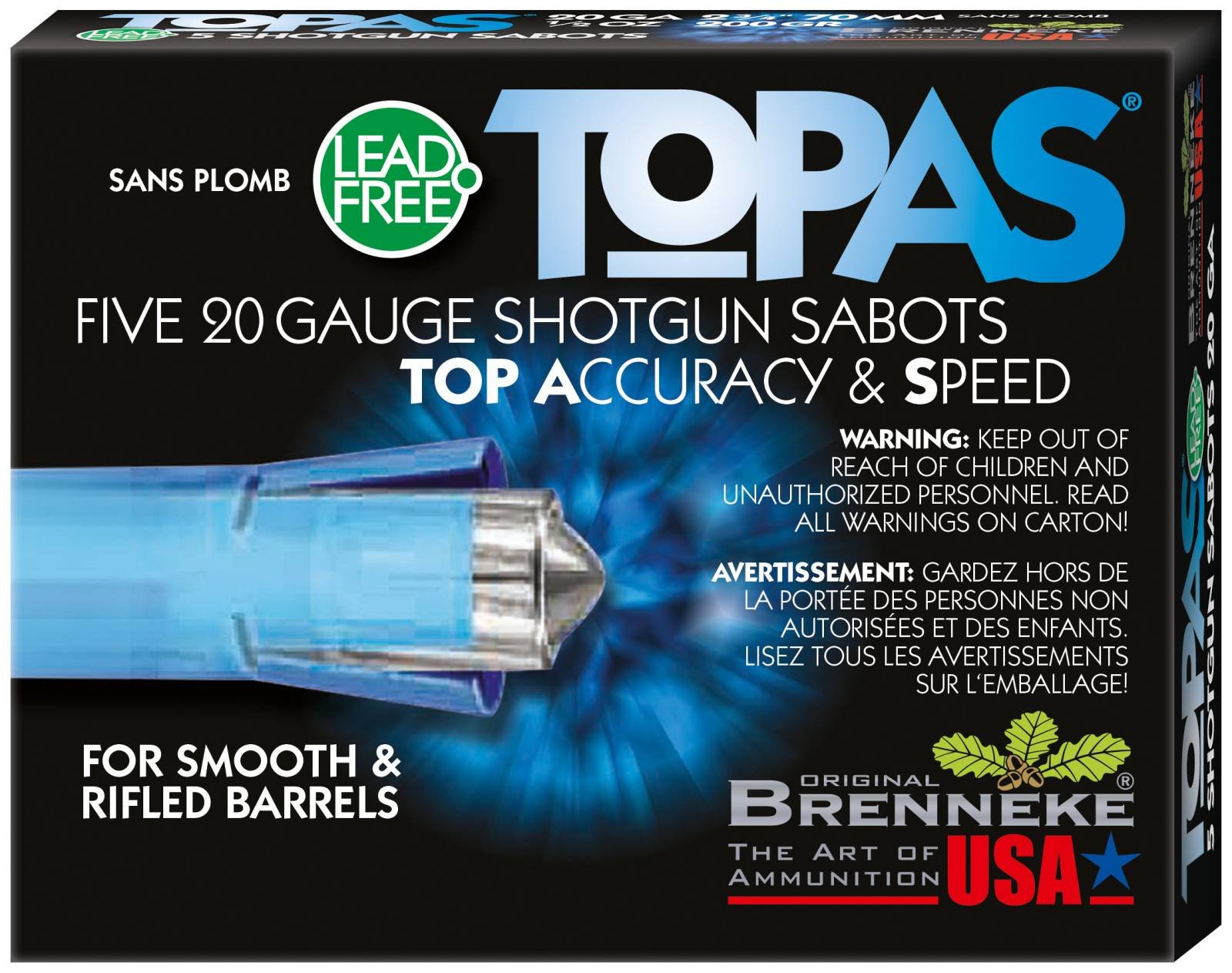 Brenneke SL-202TOPN Topas Sabot 20 Ga 3/4 oz 2.75" 5 Rounds 1608 FPS - Brenneke