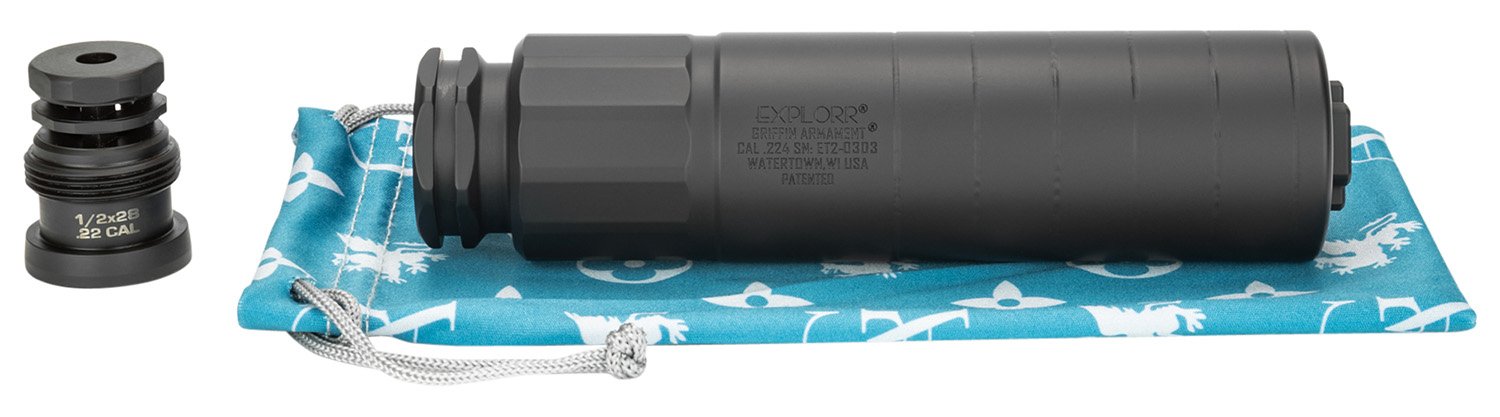 Griffin Armament EXPLORR 22 Cal GAET2-W Suppressor, Black Stainless Steel, 1.5" Diameter, 6.0" Length, 9.0oz, 31DB Attenuation, Cerakote Finish - Griffin Armament - 22 CAL