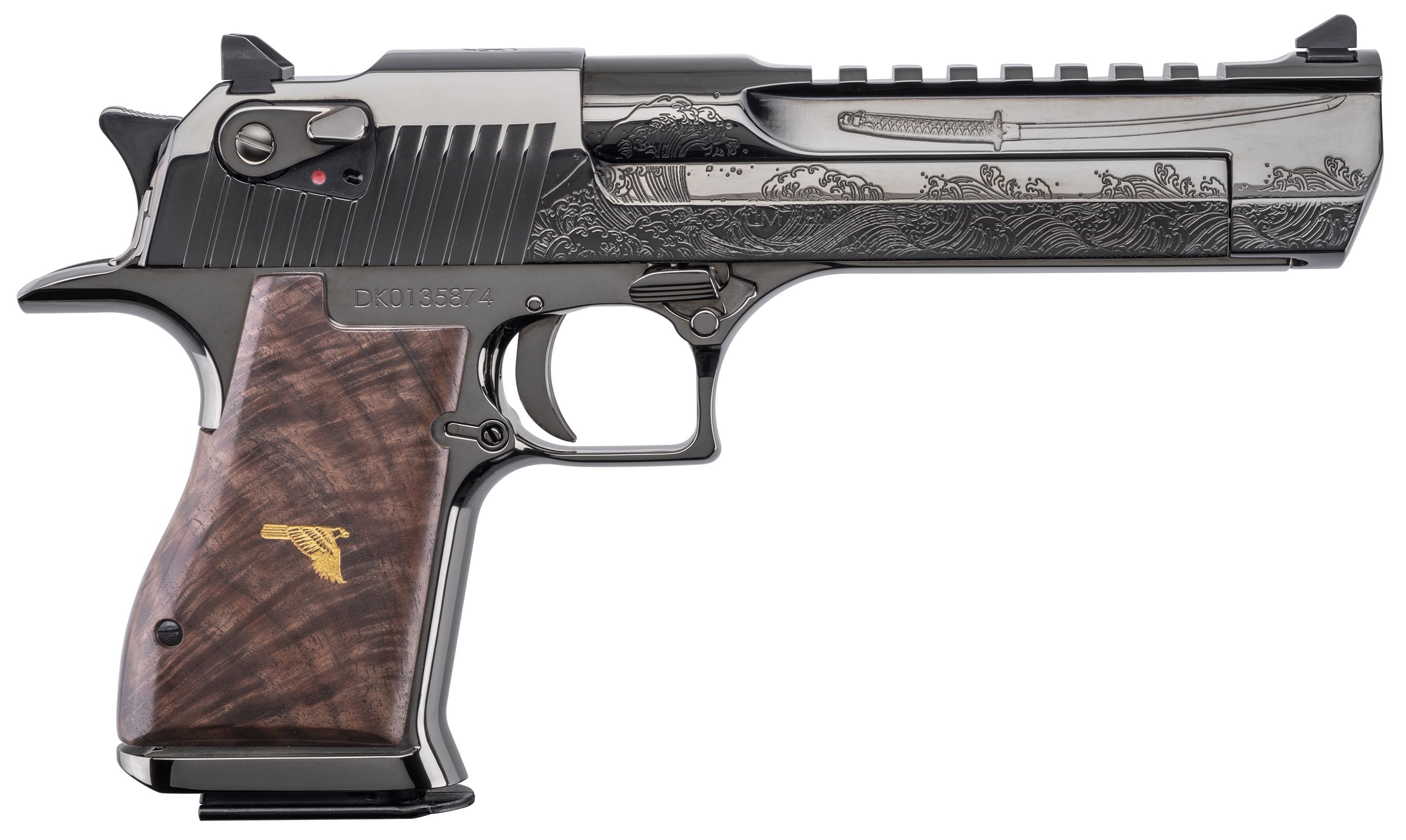 Magnum Research DE50DK1 Desert Eagle Mark XIX Dueling Katanas Limited Edition Full Size Frame 50 AE 7+1 6" Polished DLC Carbon Steel Picatinny Rail Barrel & Serrated Slide, Polished Black Nickel Carbo