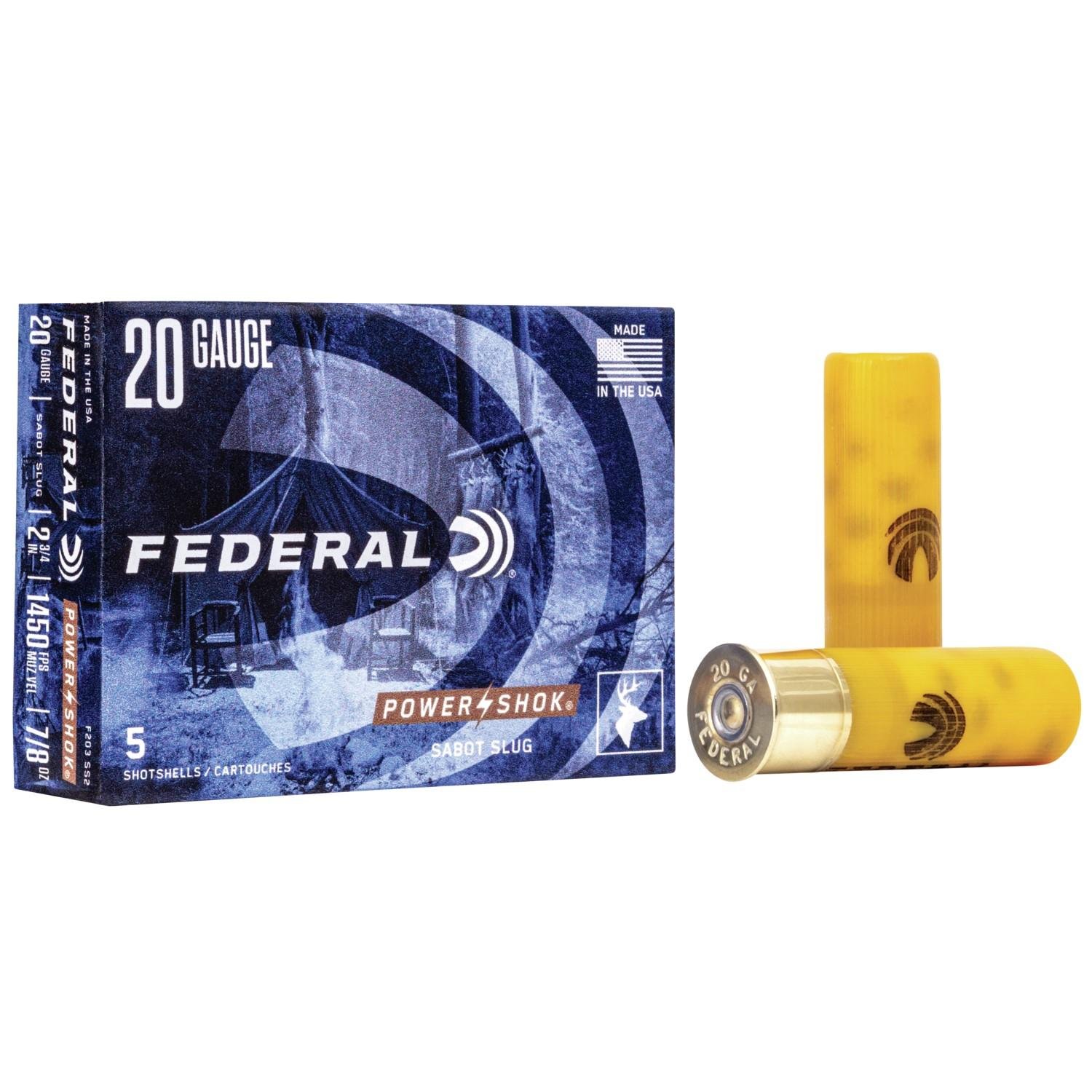 Federal F203SS2 Power-Shok Shotshell 20 Gauge 2.75" 7/8 oz Sabot Slug Shot 5 Per Box/ 50 Cs - Federal Premium Ammunition - RIFLED SLUG