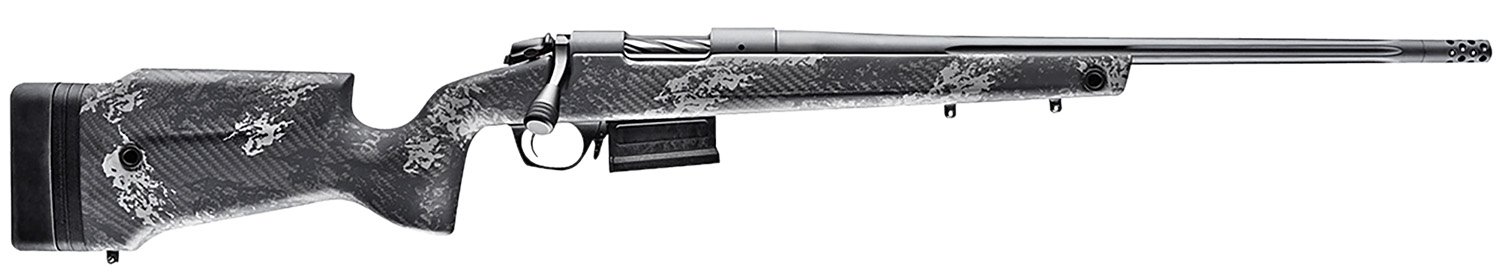 Bergara Rifles B14SM759 B-14 Crest 6.5 PRC 3+1 20" Fluted, Sniper Gray Cerakote Barrel/Rec, Monte Carlo Carbon Fiber with Black & Gray Splatter, Omni Muzzle Brake - Bergara - 6.5 PRC