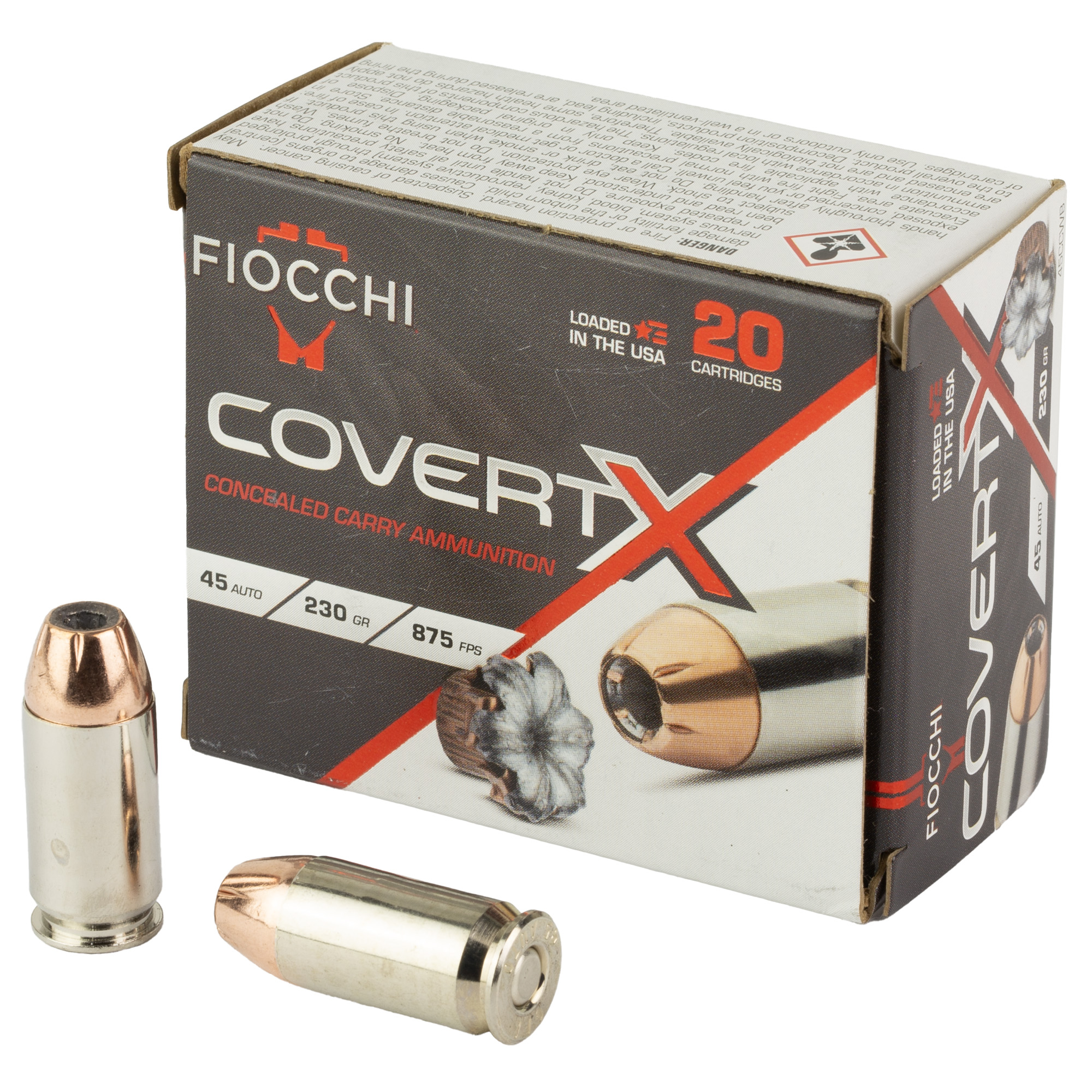 Fiocchi 45CCWB CovertX 45 ACP 230gr JHP Pistol Ammo 20 Rounds