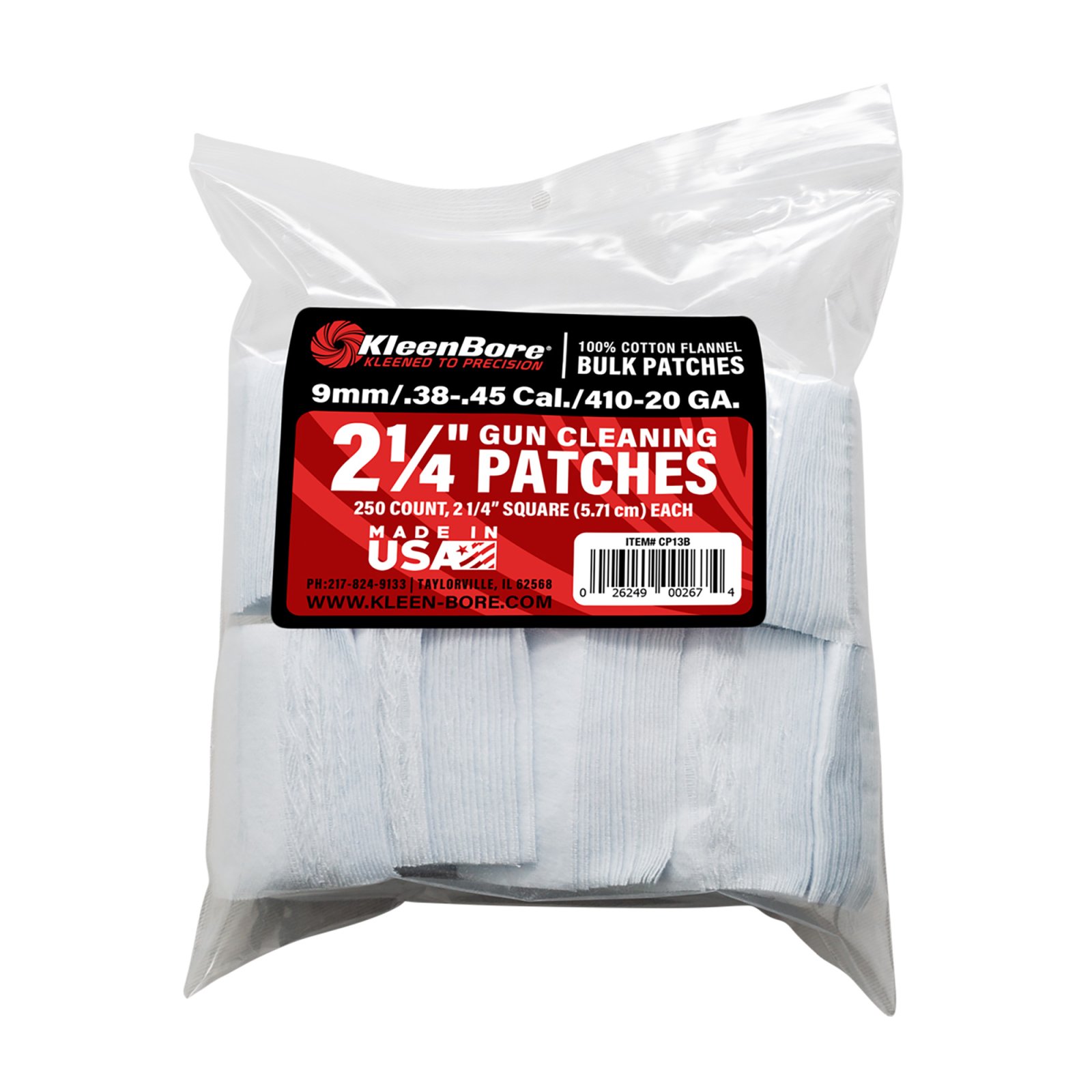 KleenBore SuperShooter Patch .38-.45/.410-20 Gauge 2.25" Square Cotton 250 Pack