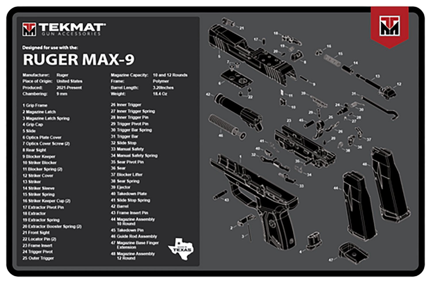 TekMat Ruger Max 9 Cleaning Mat Rubber 11"x17" Parts Diagram