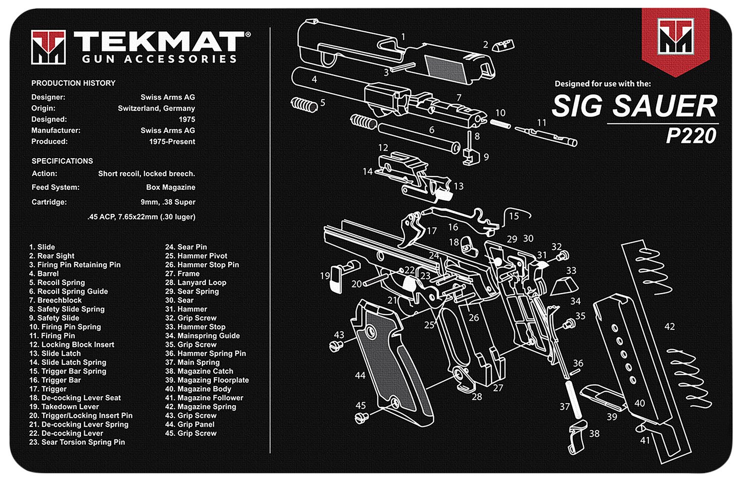 TekMat TEKR17SIGP220 Sig Sauer P220 Cleaning Mat Black/White Rubber 11"x17" Sig Sauer P220 Parts Diagram - TEKMAT - 17" X 11"