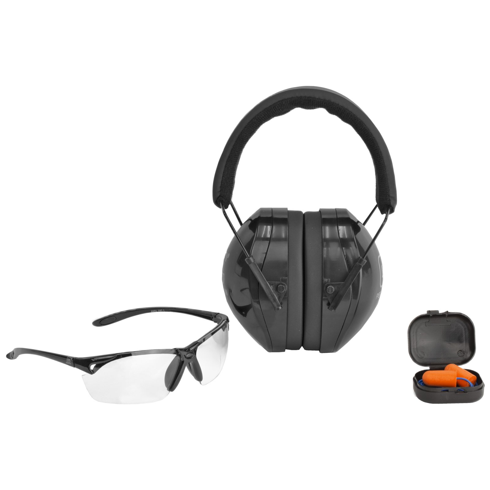 Glock Range Kit: Black Safety Gear with Adjustable Ear Muffs, Ear Plugs & Clear Shooting Glasses