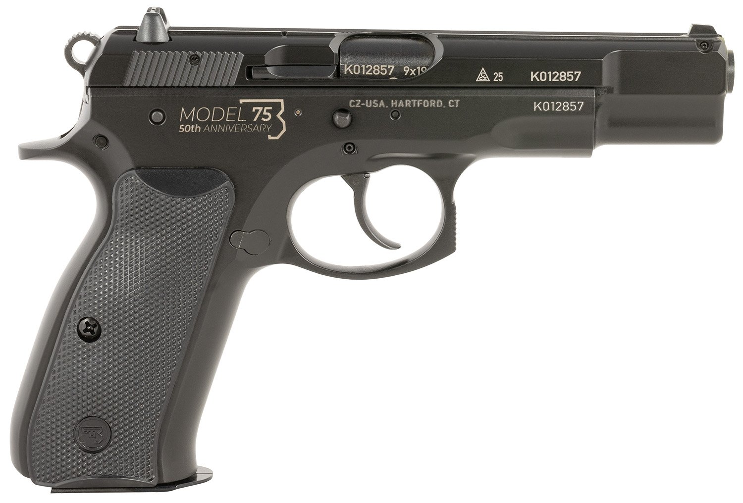 CZ-USA 91106 75 B 50th Anniversary 9mm Luger 16+1 4.60" Steel Barrel, Black Serrated Steel Slide Engraved w/50th Anniversary, Black Polycoat Steel Frame w/Beavertail, Black Plastic Grip