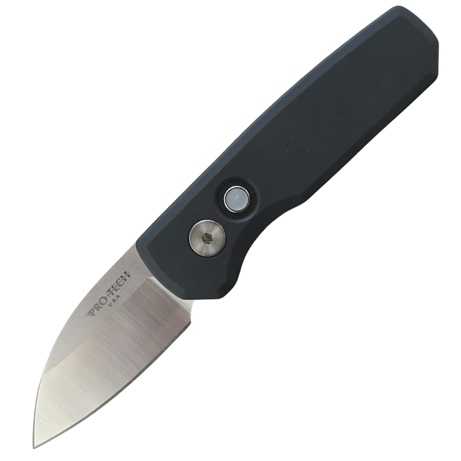PROTECH RUNT 5 AUTO PEARL BUTTON BLK/SATIN Smooth black handle, machine satin MAGNACUT wharncliffe blade white pearl button, satin hardware, black clip.