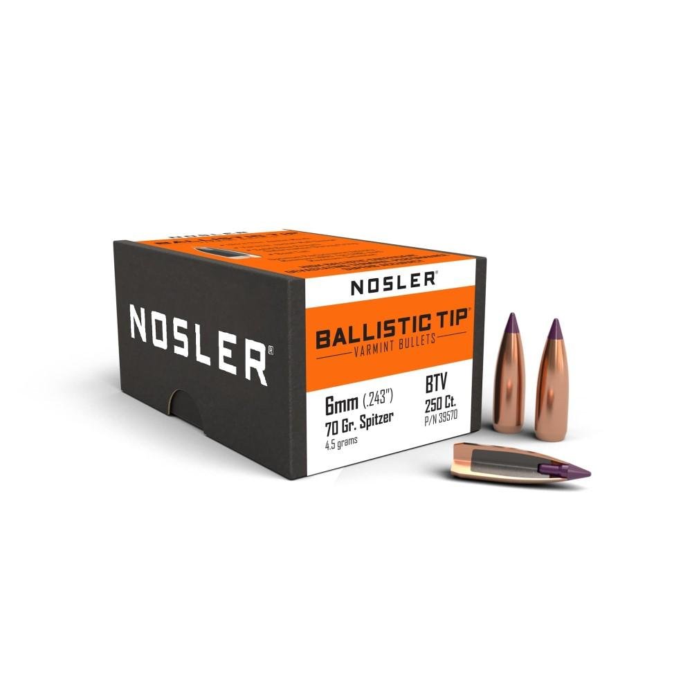 Nosler 6mm 70gr Ballistic Tip Varmint Bullets, Spitzer Boat Tail Design, 250 Count, USA Origin - Nosler - 6MM .243