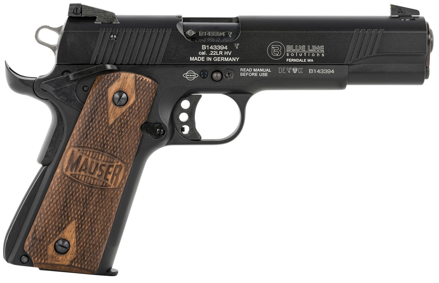 Mauser 1911 Rimfire Pistol 22LR Blue 5" Barrel Wood Grips Adjustable Sight 10+1 - BLS Supply - 22 LR