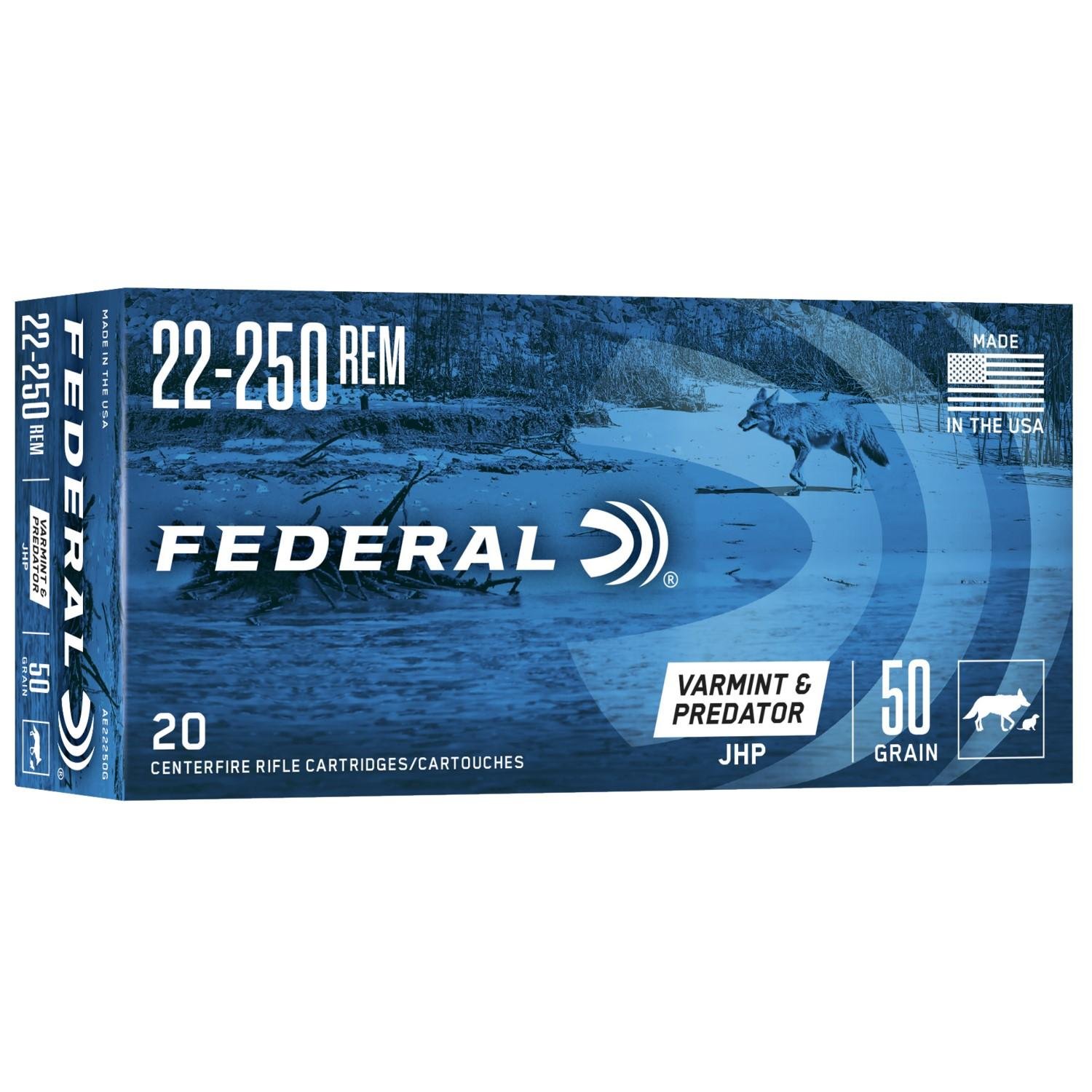 Federal AE22250G 22-250 Remington 50 Grain JHP 20 Rounds Centerfire - Federal Premium Ammunition - JACKETED HOLLOW POINT