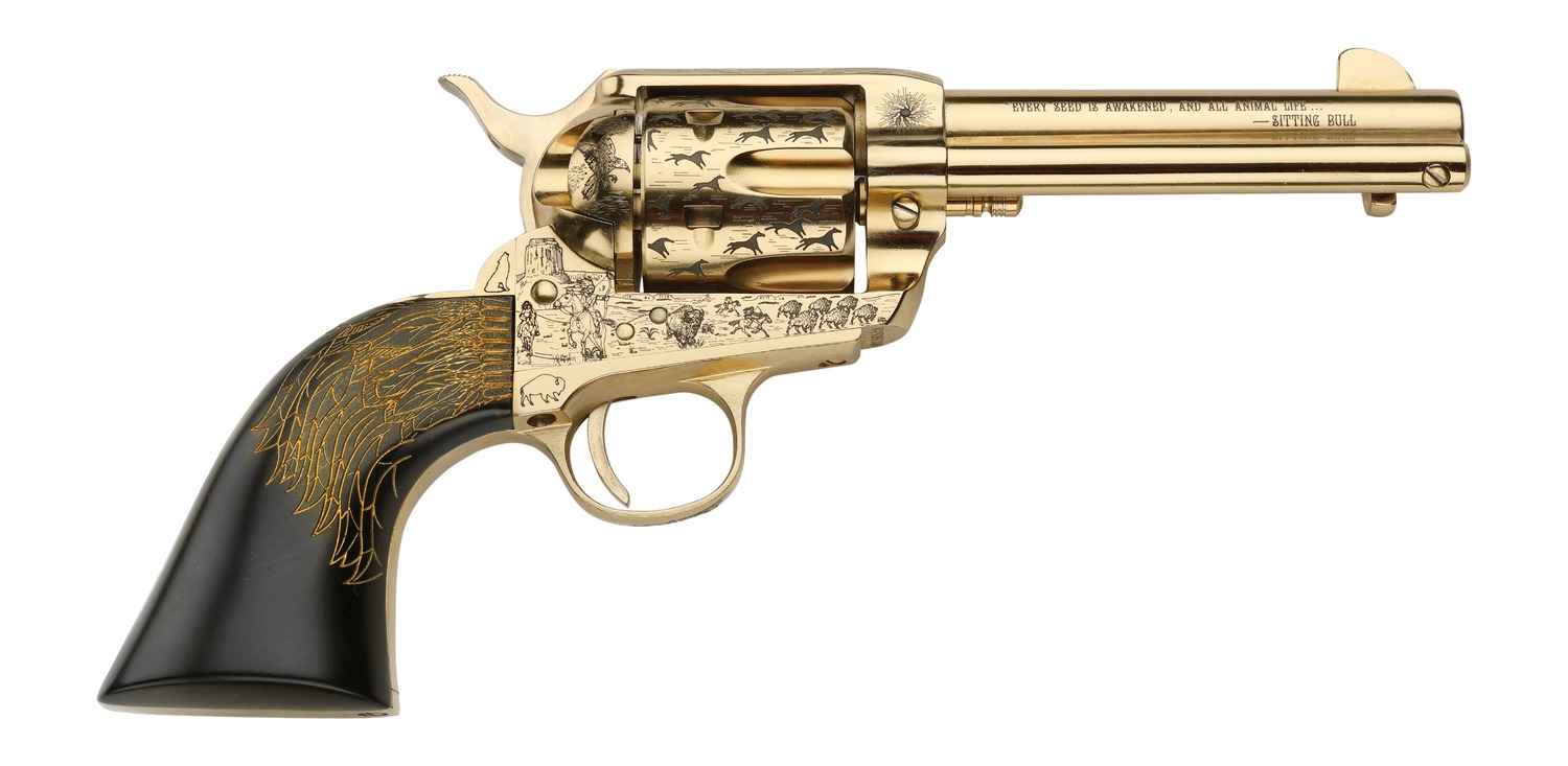 Pietta Keeper of the Plains Revolver 357 Mag 4.75 in Gold w/Engraved FM/BRL/CYL 6 rd.