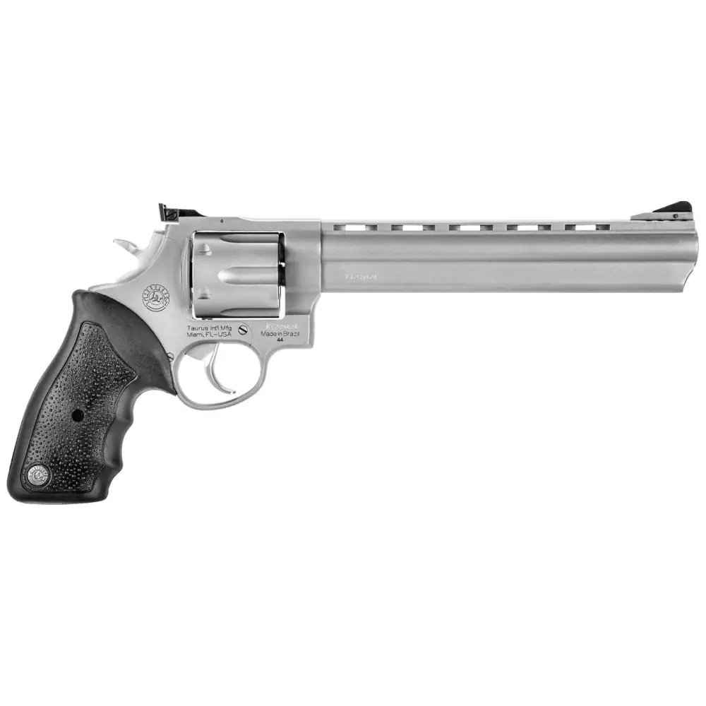 Taurus 2-440089 Revolver, .44 Remington Magnum, 8.37" Ported Barrel, 6-Round, Stainless Steel Frame, Black Rubber Grip, Adjustable Sights