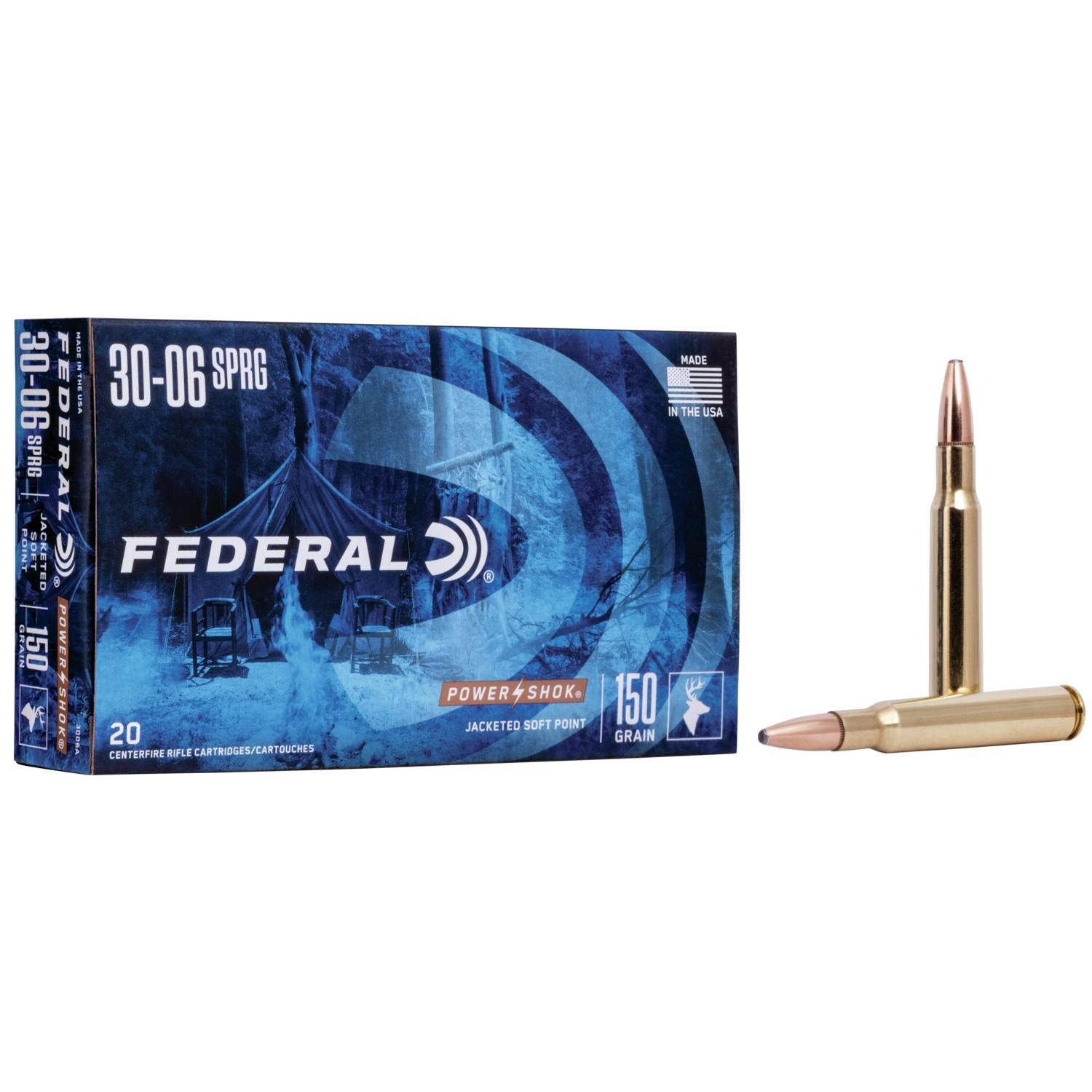Federal 3006A Power-Shok 30-06 Springfield 150 gr Jacketed Soft Point Ammo 20/10 Cs - Federal Premium Ammunition - JACKETED SOFT POINT