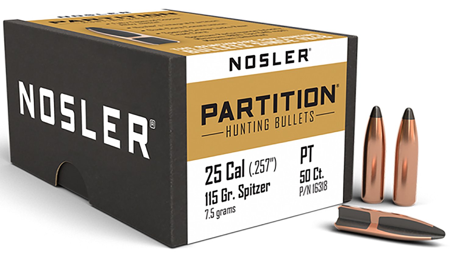 Nosler 16318 Partition Hunting 25 Cal .257 115 gr Spitzer 50 Per Box