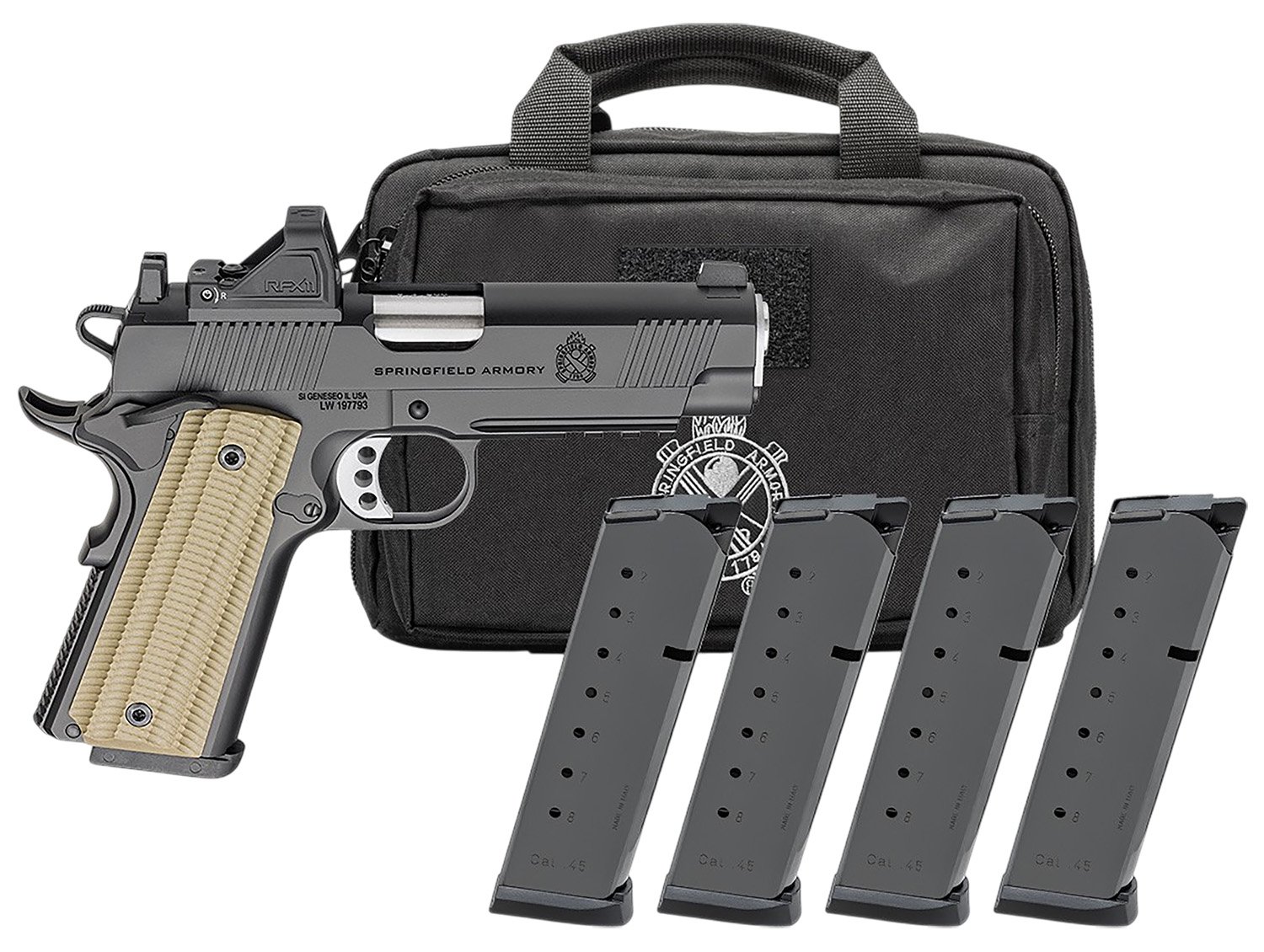 Springfield Gear Pac 1911 Operator AOS Handgun .45 Auto 8rd Magazines(4) 4.25 Barrel Green Dot & Bag - Springfield Armory - .45 ACP/Auto