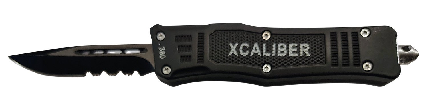 Xcaliber 380 OTF Knife 2.75in Part Serrated Black 440C SS Blade