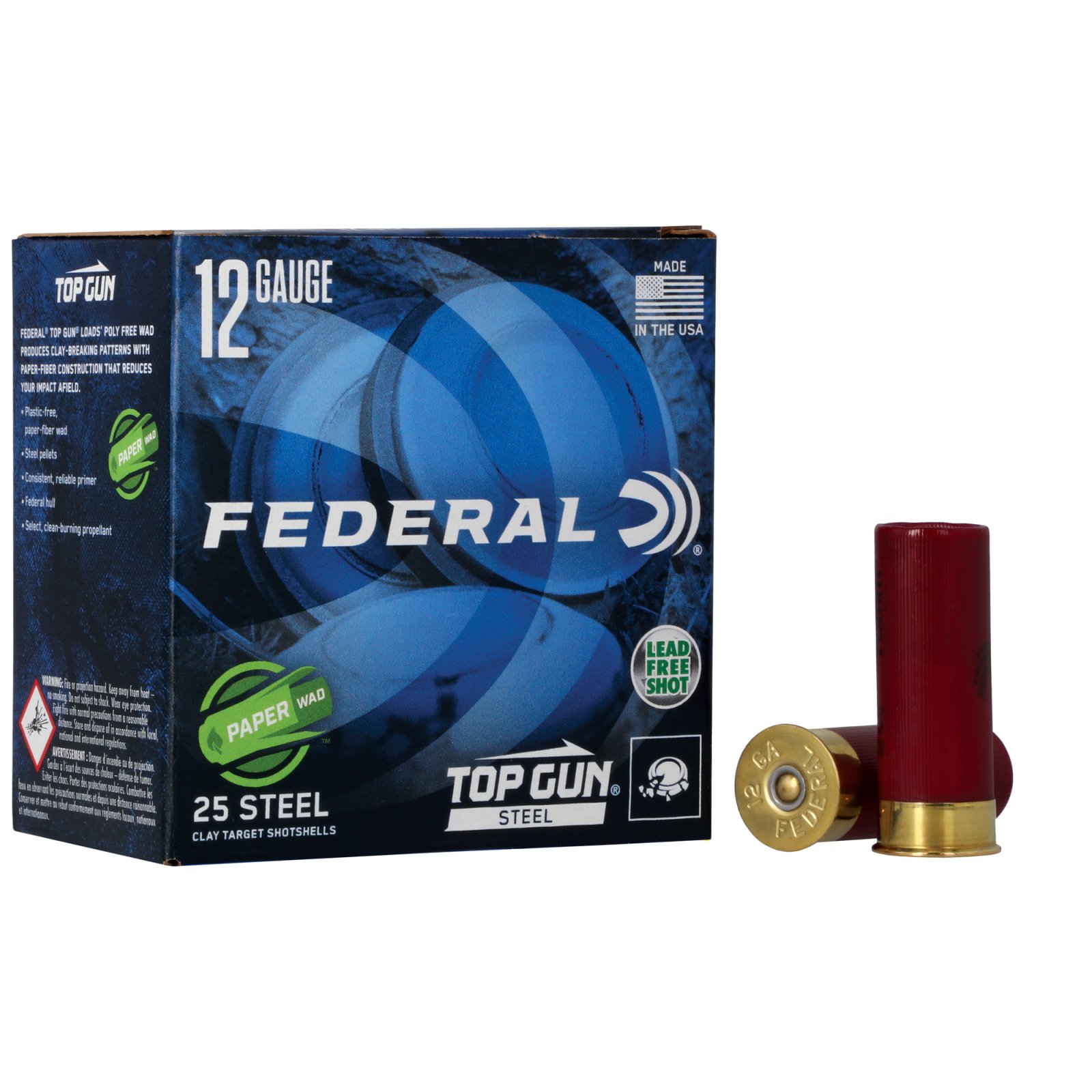 Federal Top Gun 12 Gauge Steel Shot Ammunition: 25 Rounds, 7.5 Shot Size, 1oz Weight, 1250 FPS Velocity, TG12WS1 Model - Federal Premium Ammunition - 12 Gauge