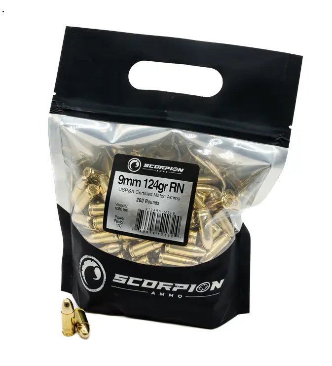 SCORPION AMO 9MM 124GR TMC- RN 200RD GO BAG USPSA MATCH CERT ( 5 BAGS PER CASE)