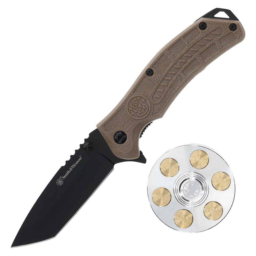 Smith & Wesson Folding Knife and Fidget Spinner Combo 3 Tanto Blade Black Brown