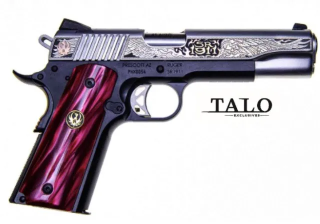 Buy RUGER SR1911 PHOENIX 45 ACP 5IN BARREL 8RD ENGRAVED SLIDE CUSTOM RED PEARL KIRINITE GRIPS WITH RUGER MEDALLION 16708 online