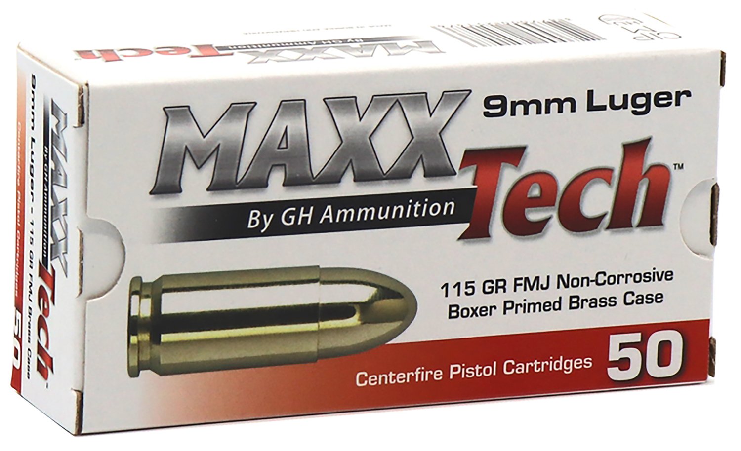MAXXTech PTGB9MMB 9mm Luger Ammo - 115gr, Full Metal Jacket, 1150 fps Velocity, 323 ft/lbs Energy, 50 Rounds, Brass Color