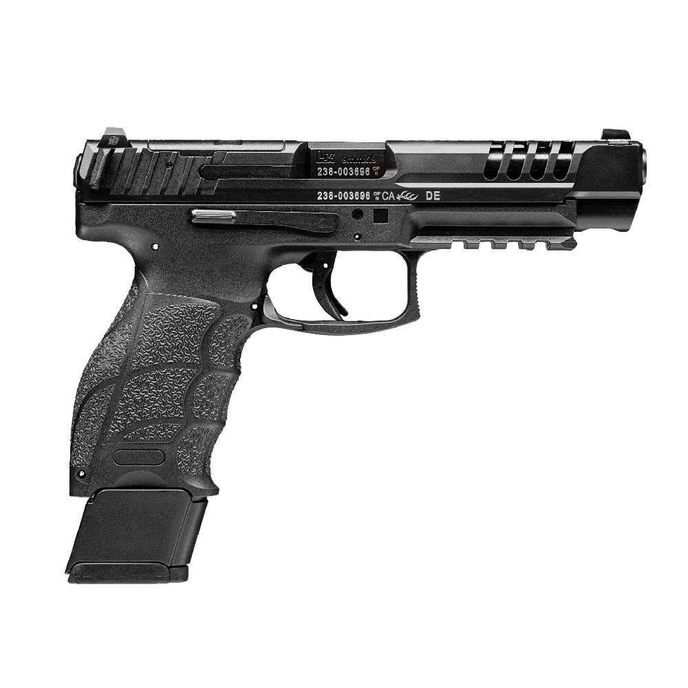 HK VP9L OR 9mm Luger: 5-inch Barrel, 20+1 Capacity, Black Steel Slide, Interchangeable Backstrap, Striker Fired Action