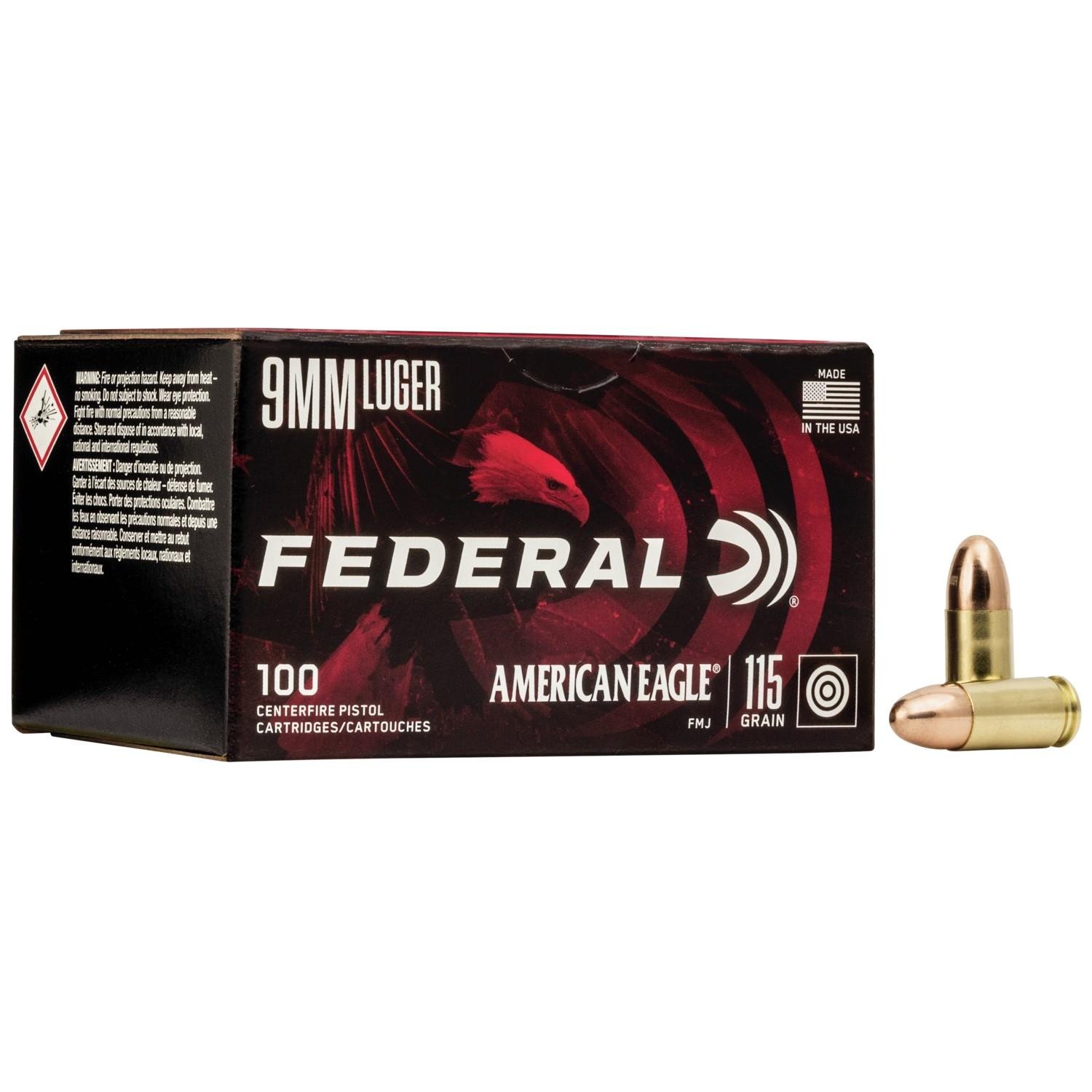 Federal AE9DP100 American Eagle Handgun 9mm Luger 115 gr Full Metal Jacket (FMJ) 100 Rounds Box - Federal Premium Ammunition