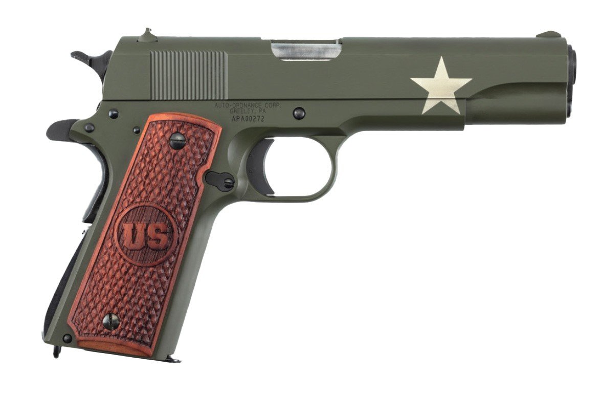 Auto-Ordnance Tanker 1911, WWII Commemorative, .45 ACP, 5" Barrel, 7-Round, Army Green Cerakote, Engraved Wood Grips, Made in USA - Auto-Ordnance - 45 ACP