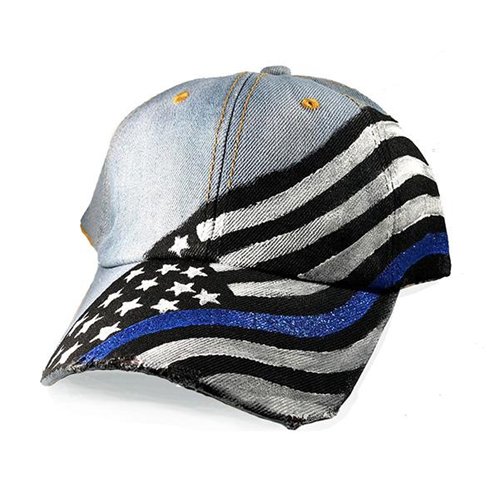 Women's Hand Painted Hat - Thin Blue Line Flag - Thin Blue Line