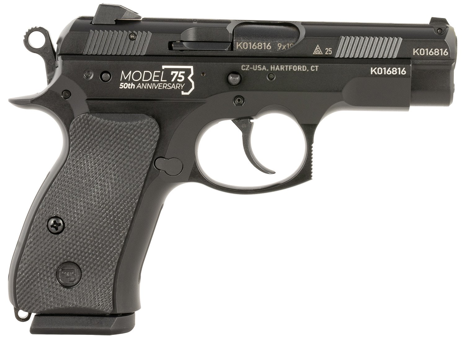 CZ-USA 91123 75 D 50th Anniversary Compact Frame 9mm Luger 15+1 3.75" Black Barrel, Black Steel Serrated Slide, Black Aluminum Frame w/Beavertail, Black Rubber Grip