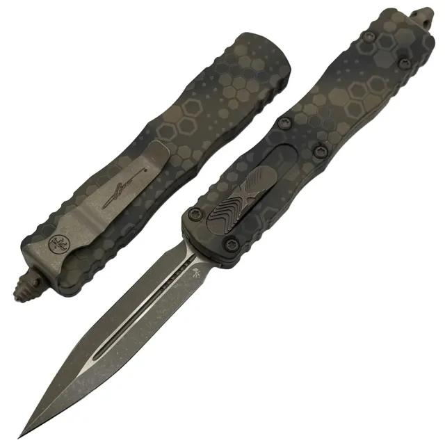 Microtech Dirac 2.92 In Double Edge Bronze Apocalyptic Hex Camo Aluminum Handle