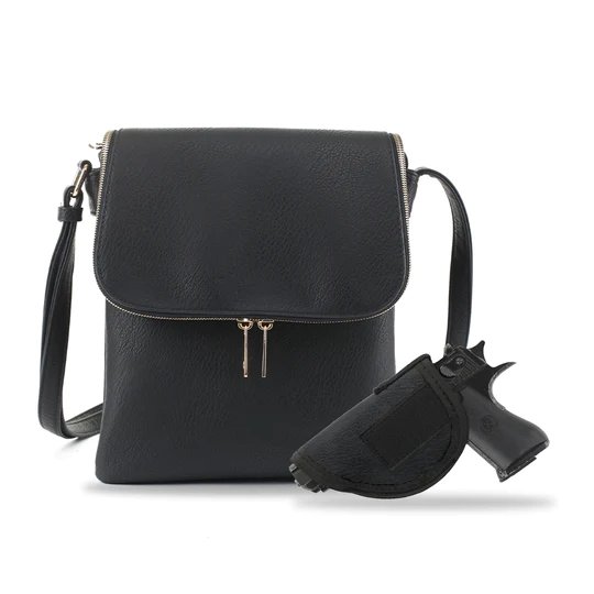 JESSIE & JAMES CHEYANNE CONCEALED CARRY LOCK AND KEY CROSSBODY HANDBAG 11 H X 9 W X 1.5 D ( BLACK )