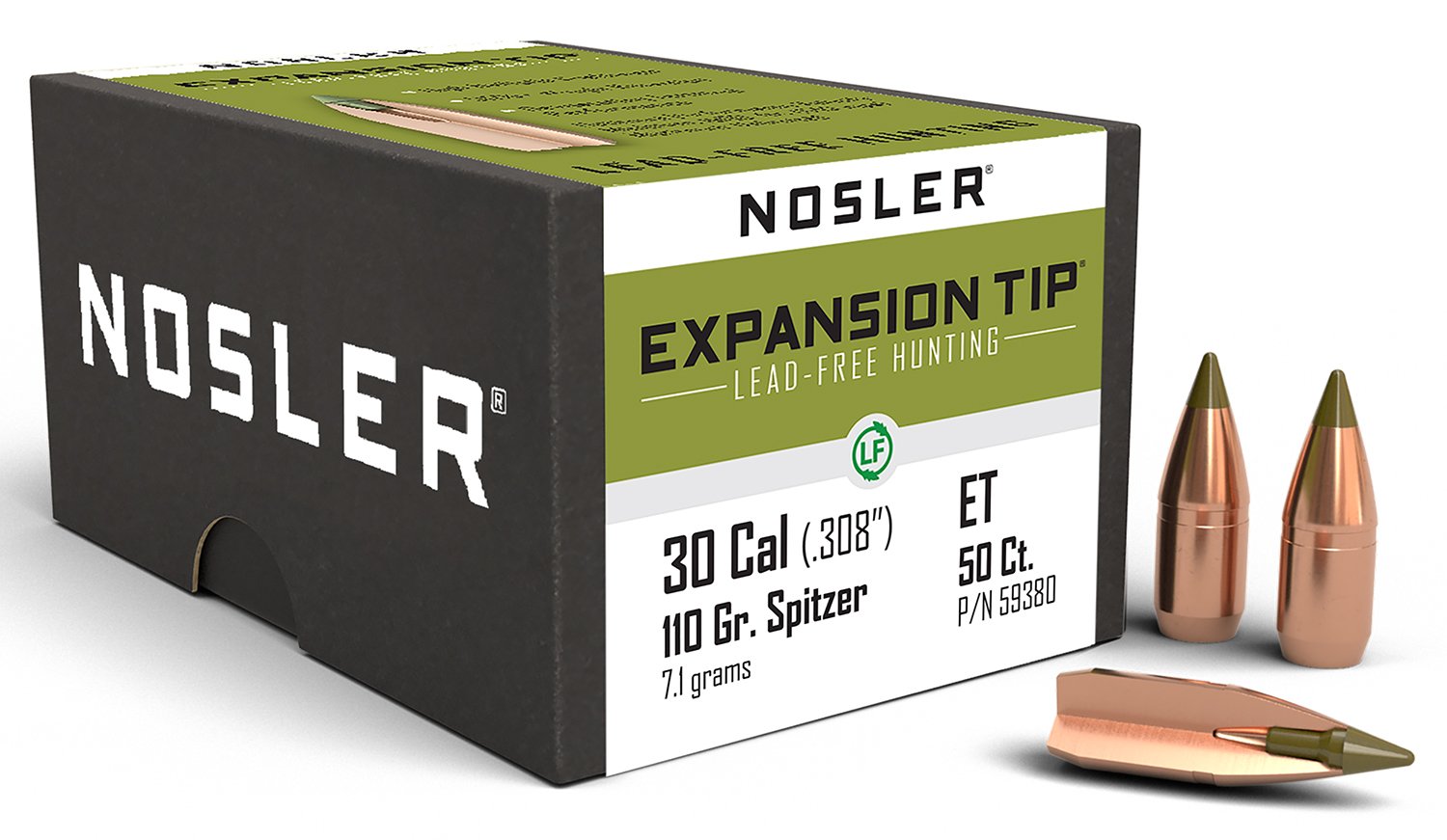Nosler E-Tip 59380 30 Caliber .308 110 Grain Spitzer Lead-Free 50/ct - Nosler - 30 Caliber