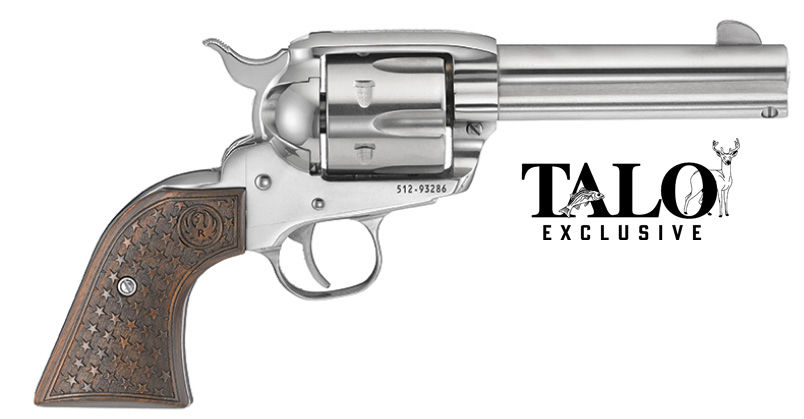 Ruger 5159 Vaquero Fast Draw Revolver, 357 Magnum | 38 Special, 4 5/8" Stainless Steel Barrel, Dooley Gang Wood Star Grips