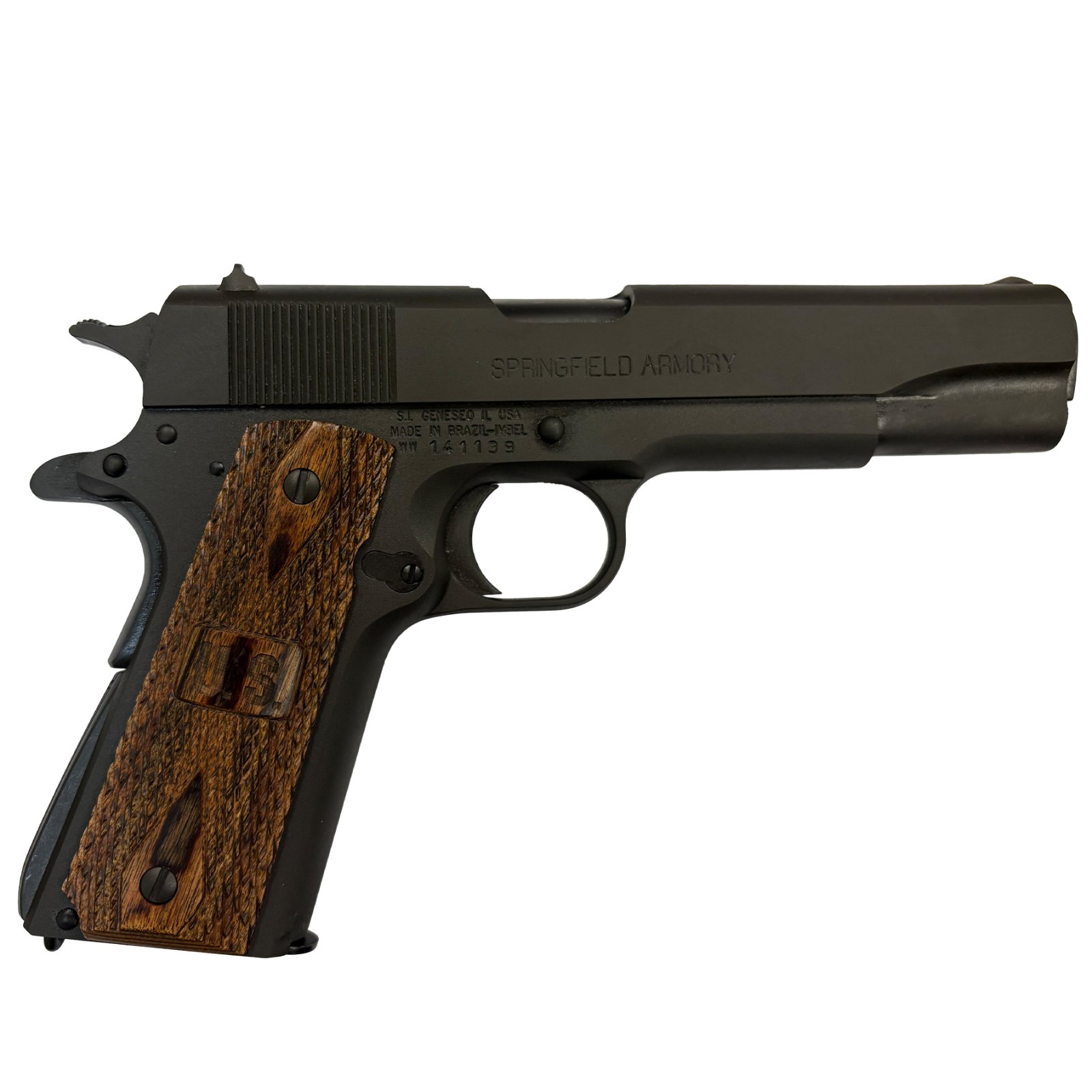 SPRINGFIELD 1911 GI 45ACP 5" 7RD PARKERIZED FORGED FRAME, SLIDE & BARREL; WANUT GRIPS; 3 DOT SIGHTS; THUMB SAFETY; BLUE/BLACK
