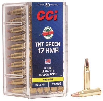 CCI TNT Green Rimfire Ammunition .17 HMR 16 gr HP 2500 fps 2000/ct Case (40-50/ct Boxes) - CCI