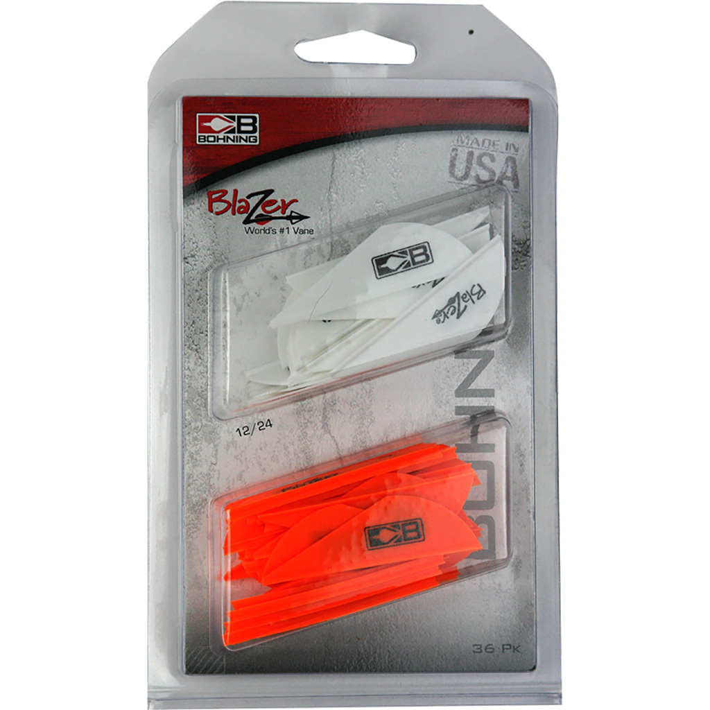 Bohning Blazer Vane Combo White/Neon Orange 36 pk. Universal vane for any broadhead, crossbows, and 3D archery. 2" length, .6" height, 6 grains. Model: 101050WH/NO