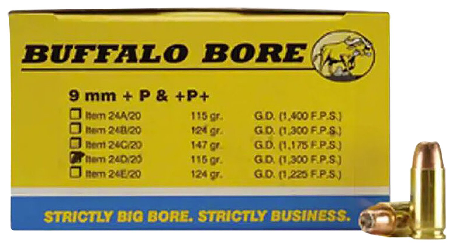 Buffalo Bore 24D20 9mm Luger +P 115gr JHP Ammo 20 Rounds - BBA - 9mm Luger