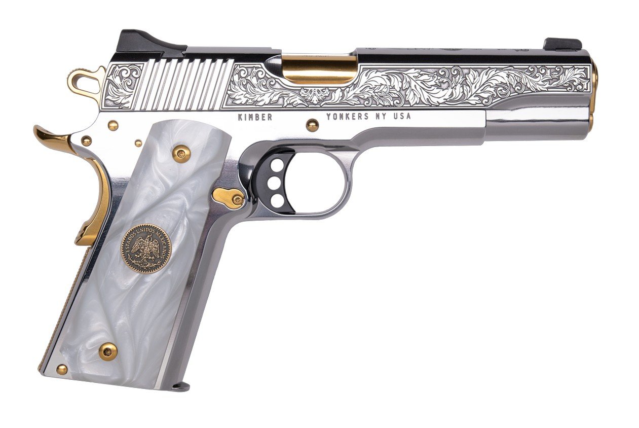 Cnc Firearms CNCPATRIA Kimber 1911 Patria 38 Super 9+1 Gold Plated PVD Barrel, Polished Stainless Steel Engraved/Serrated Slide, Stainless w/Gold Accents Frame, Pearl Grip