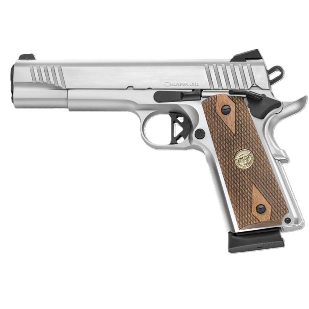 Chiappa 1911 SUPERIOR GRADE PISTOL 45 AUTO 5IN BARREL 8RD CHROME COMBAT HAMMER/TRIGGER FIBER OPTIC SIGHTS WITH RMR & RMSC ADAPTERS DIAMOND CHK WALNUT GRIPS 2-8 RD MAG 440.234 - View 2