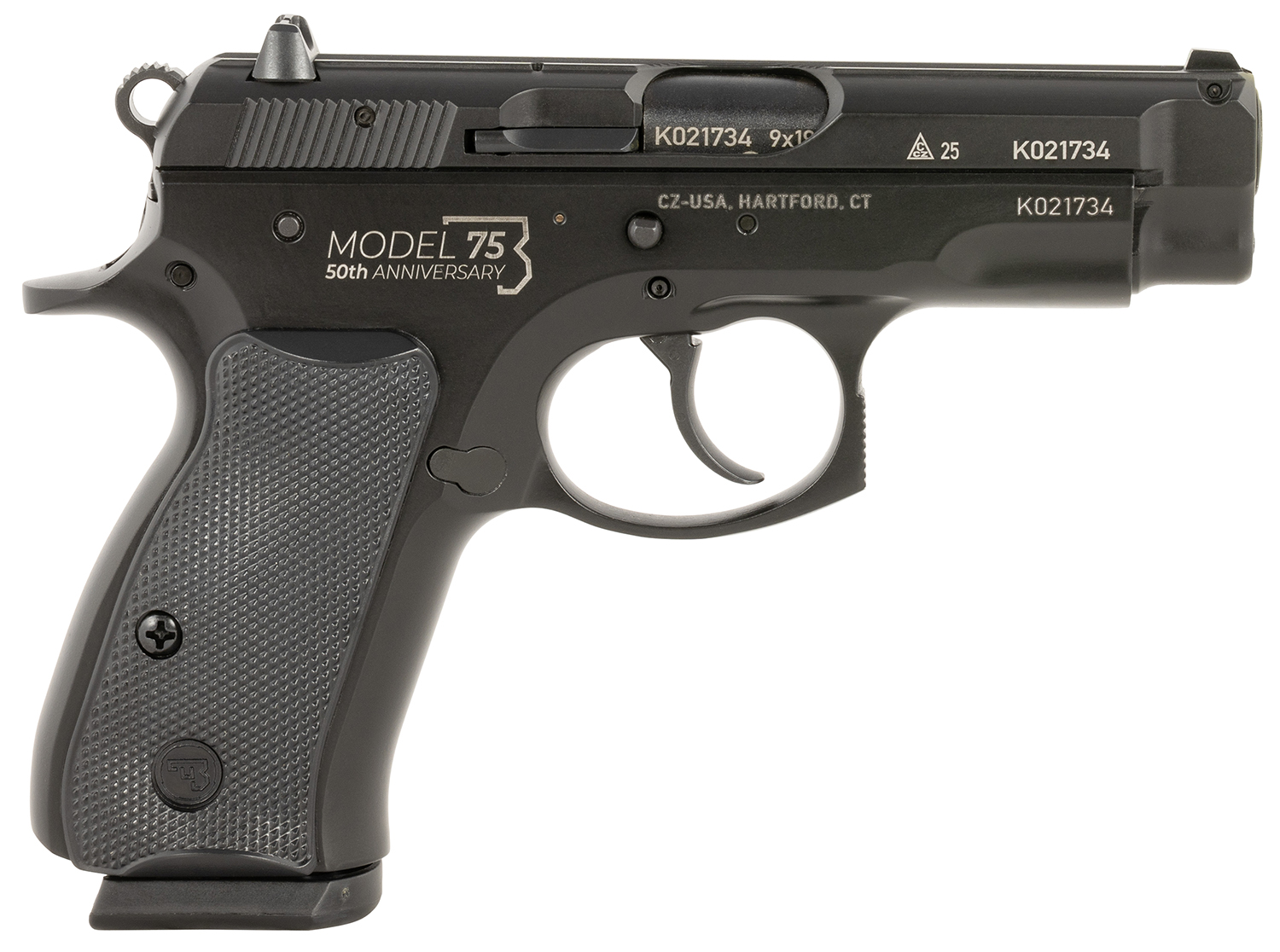 CZ-USA 01144 CZ 75 Compact 50th Anniversary 9mm Luger 10+1 3.75" Black Steel Barrel & Serrated Slide, Black Polycoat Steel Frame w/Beavertail, Black Plastic Grip, Right Hand - View 2