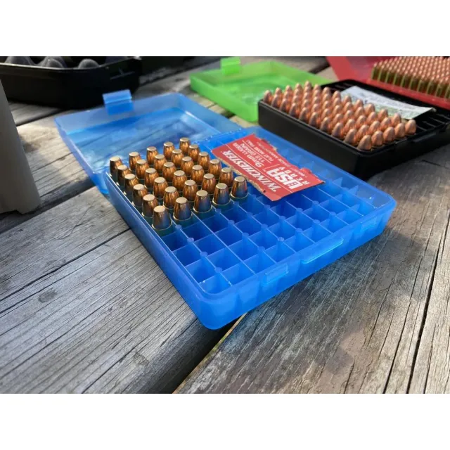 MTM Case-Gard P-100 Handgun Ammo Box 9mm/.380 ACP/.30/.32 S&W/9mm Makarov 100 Rounds Clear Red P-100-9-29 - View 2