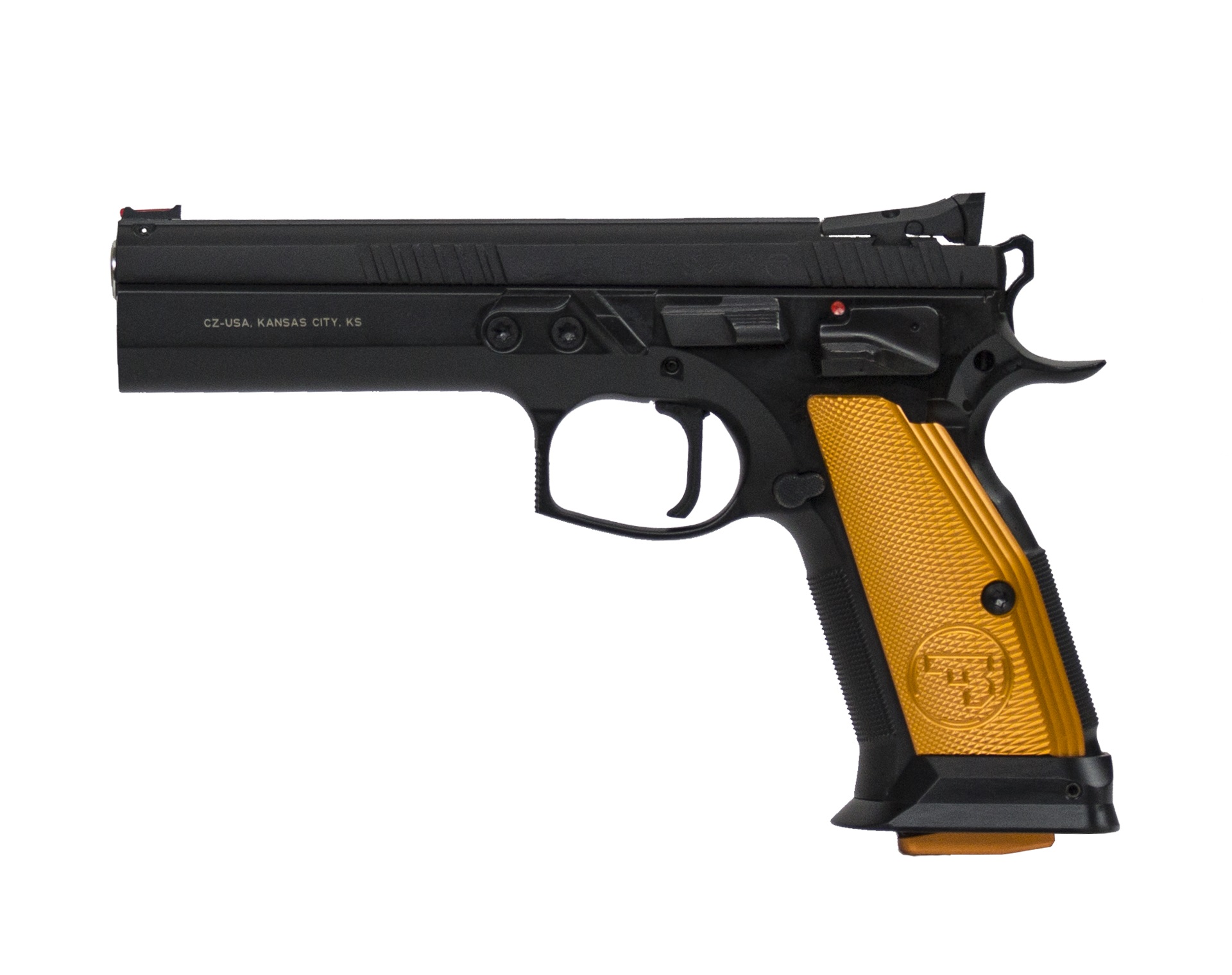 CZ-USA 91260 CZ 75 Tactical Sport 40 S&W 5.23" 17+1 Overall Black Finish with Inside Railed Steel Slide, Orange Aluminum Grip & Non-Tilted Barrel - View 2