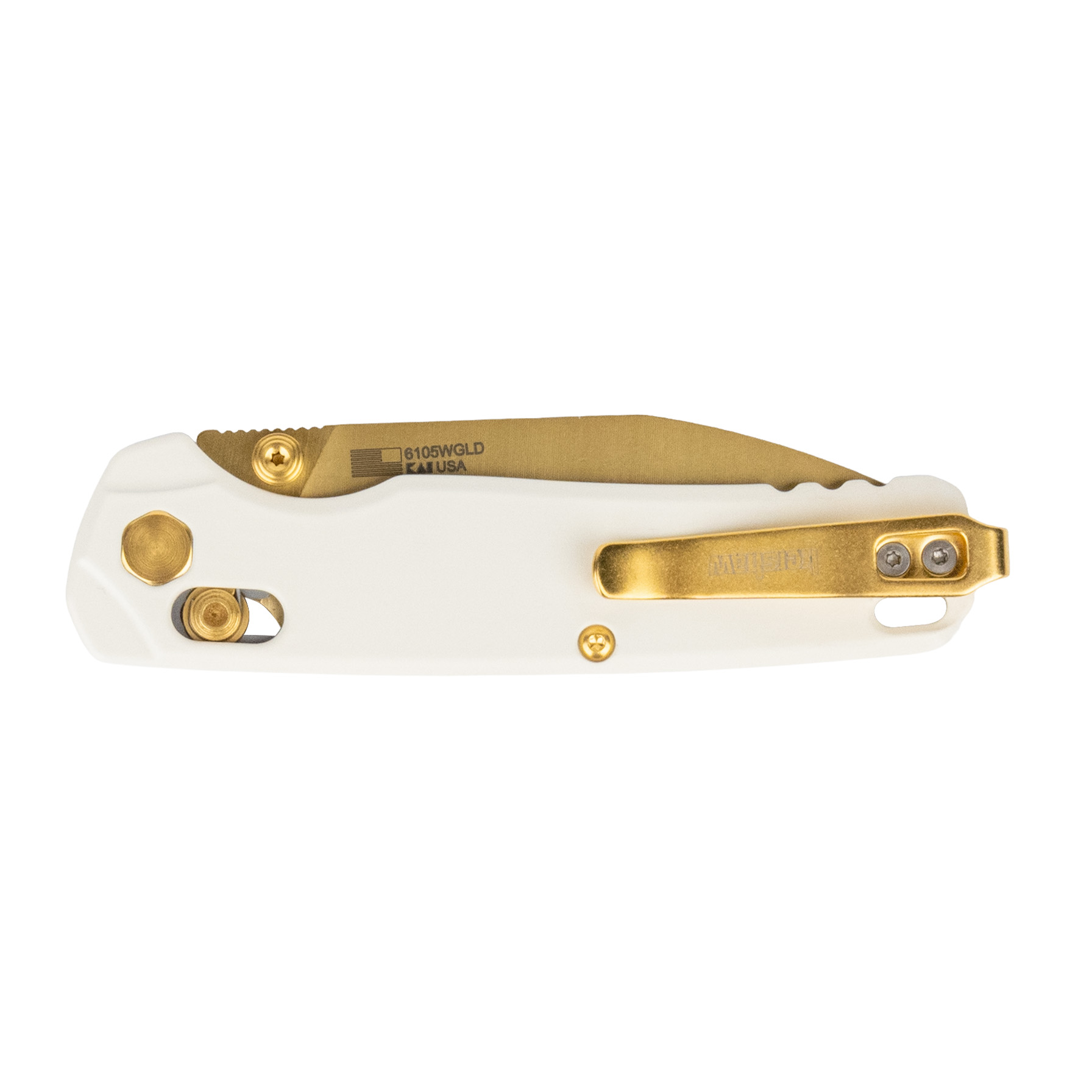 KERSHAW BEL AIR POPE WHITE HANDLE GOLD BLADE Magnacut MGE Exclusive - View 2