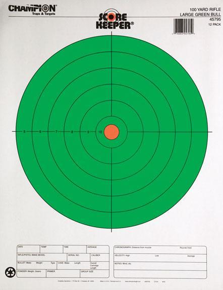 Champion Targets 45795 Score Keeper Bullseye Paper Hanging 100 yds Rifle Large Fluorescent Green & Orange 12 PK - View 2