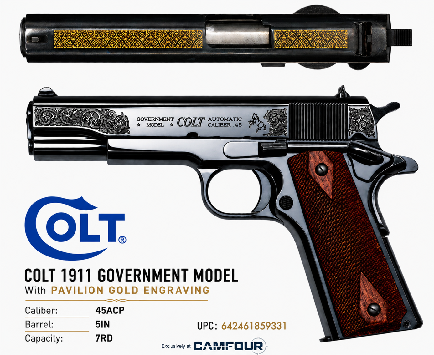 Colt 1911 Government Classic 45ACP 5in Blue Steel 7rd Gold Scrolled - View 2