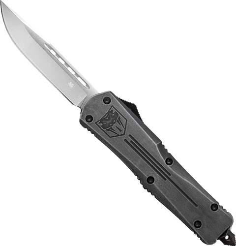 CobraTec Small FS3 OTF Knife: 3'' D2 Drop Point, Stonewash Finish, Carbon Steel Blade, Aluminum Handle - View 2